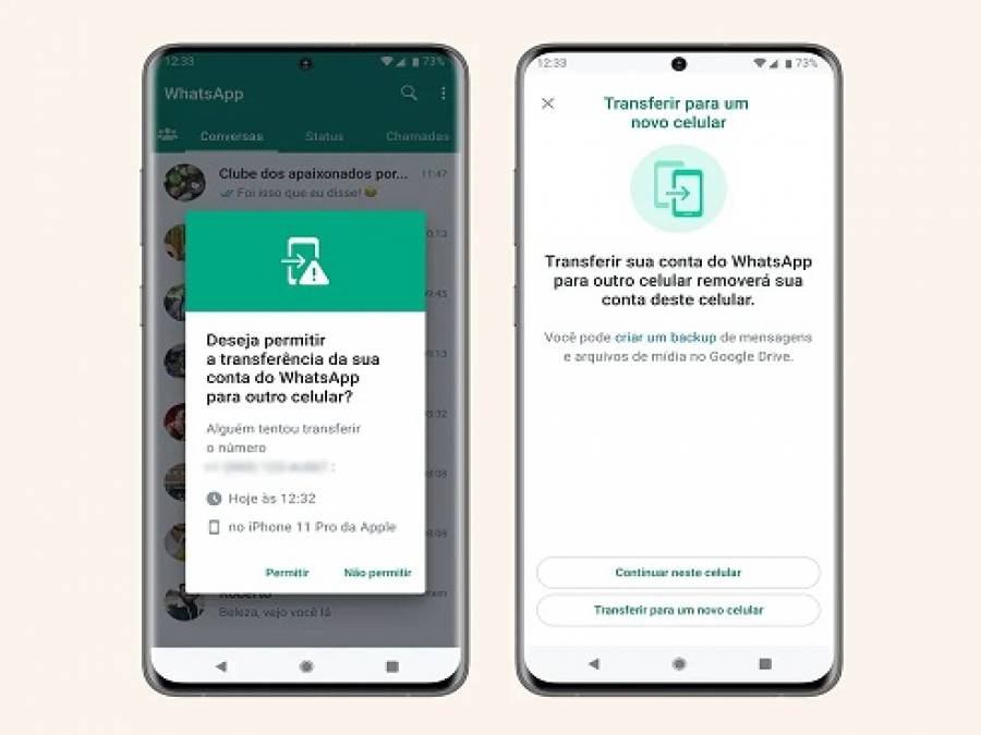 Telas do WhatsApp alertando sobre uma tentativa de transferir a conta para outro celular