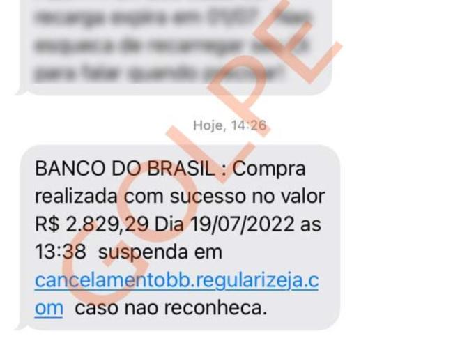 SMS falso em nome de banco sobre uma compra com link suspeito para cancelamento