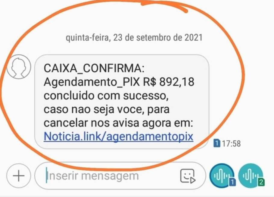 Mensagem falsa sobre um agendamento Pix com link suspeito para cancelamento